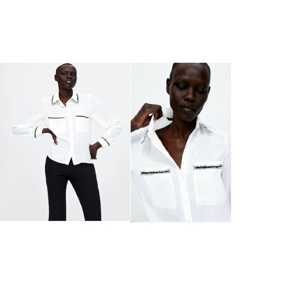 Zara Womens Ecru Flowing Shirt Blouse With Contrast‎ Trims Size Small